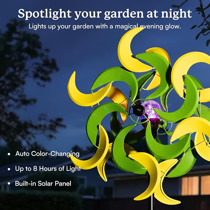 87" Wind Spinner Outdoor with Solar Light, Large Metal Wind Sculptures Spinners, Windmill for Garden Yard Patio Lawn Decor-Verdant Moon (23" W x 87" H)