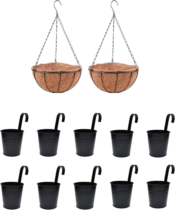 LaLaGreen Bundle- 2 Pack, 10 Inch Hanging Basket with Coco Liner + 10 Pack, 6 Inch Black Metal Pot Outdoor Wall Rail Deck Flower Herb Bucket Patio Porch Balcony Round Planter Farmhouse Style Garden