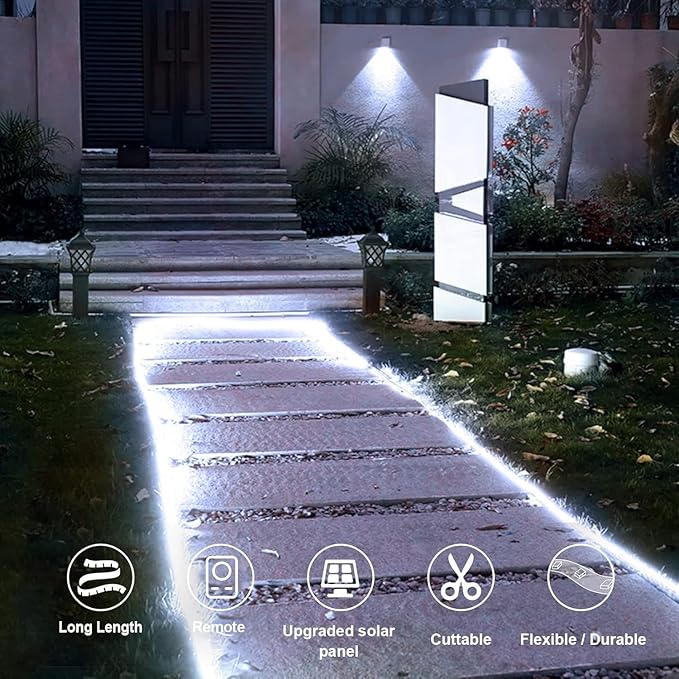 echosari Solar Powered Strip Lights Outdoor Waterproof, 16.4Ft 320 LED Strip Lights with Remote Timer 8 Modes Full Covered Strip Rope Lights for Stair Patio Walkway Decor (Cool White)