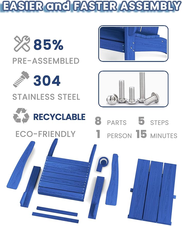 Modern Adirondack Chairs Set of 2, HDPE Plastic Patio Chairs for All Weather, Fire Pit Chair, Outdoor Lawn Chairs for Deck, Porch, Backyard, Garden, Navy Blue