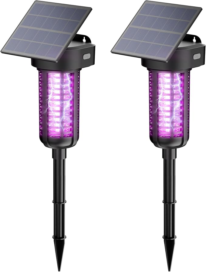 Solar Powered Bug Zapper Light 2 Pack Waterproof Outdoor Mosquito Killer Lamp Auto On/Off Cordless Garden Mosquito Zapper,Black