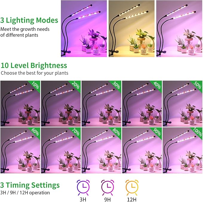 2 Head 2 Pack LED Plant Grow Light with Flexible Gooseneck, Suitable for Indoor Plants, Full Spectrum Clip on Plant Growing Light with Red, Blue, Yellow Beads, 10 Brightness Levels, 3/9/12H Auto Timer