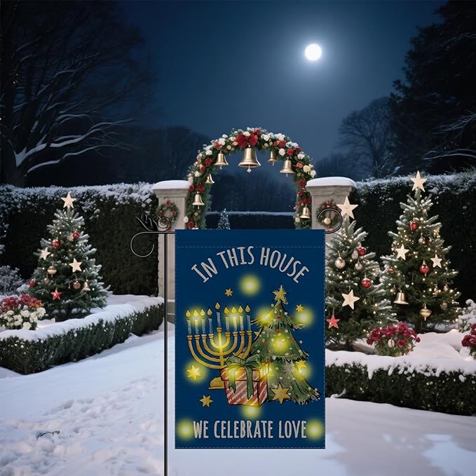 Hanukkah Garden Flag - Led Hanukkah Decorations for Outside, Merry Christmas Garden Flags Double-Sided Flag for Seasonal Christmas Winter Farmhouse Yard Lawn Decoration Gifts 12x18 inches
