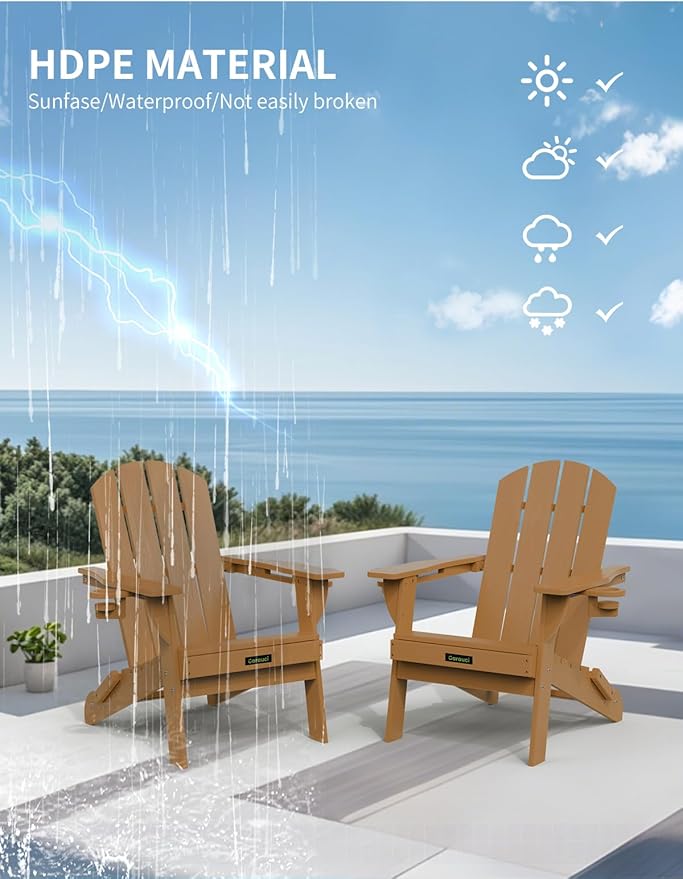 Folding Adirondack Chair, Wooden Textured Plastic Adirondack Chairs with 2 Cup Holder, Weather Resistant HDPE Fire Pit Chair, Outdoor Patio Chairs for Garden, Backyard, Lawn, Deck, 380LBS, Teak