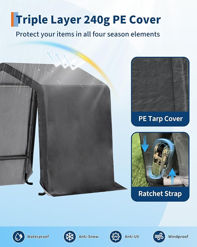 GarveeHome 6x8 FT Outdoor Portable Storage Shed Tent with Roll-up Zipper Door &Vent, 240G Heavy-Duty Portable Carport, Waterproof UV-Resistant Storage Sheds for Motorcycle Generator Bike Storage, Gray
