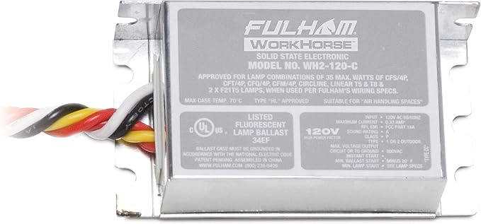 Fulham Workhorse WH2-120-C Electronic Ballast, 120V Instant Start, Multi-Lamp T5/T6/T8/CFL Compatible, Class P, cUL Listed, 1 or 2 Lamp