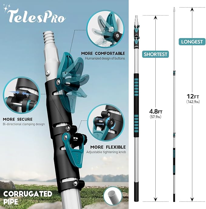 TelesPro Extendable Tree Trimmer: Manual Pole Saw | 5-12ft Telescoping Pruning Pole for Tree Trimming | Saw Attachment, Safety Goggles, and Gloves Included | Trim Branches up to 2" Diameter