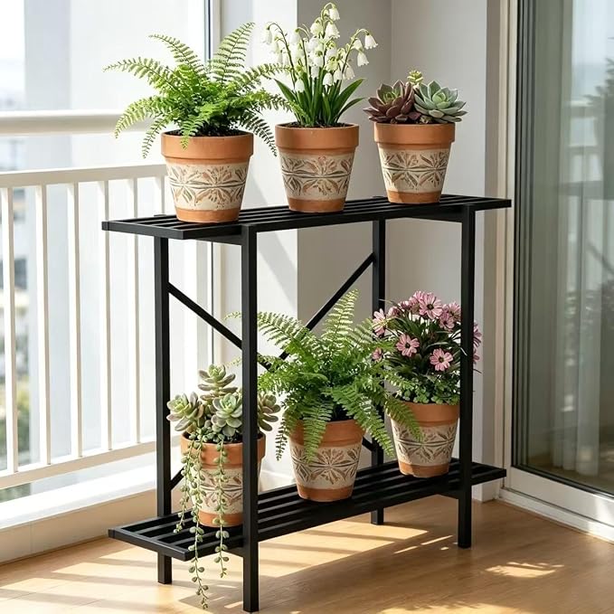 Zhongma 2 Tier Window Height Metal Sturdy Heavy Plant Stand, Narrow Plant Stand Indoor and Outdoor, L35.43 x W10.3 x H27.5 inch, 440 LBS Capacity & Heavy Duty Construction