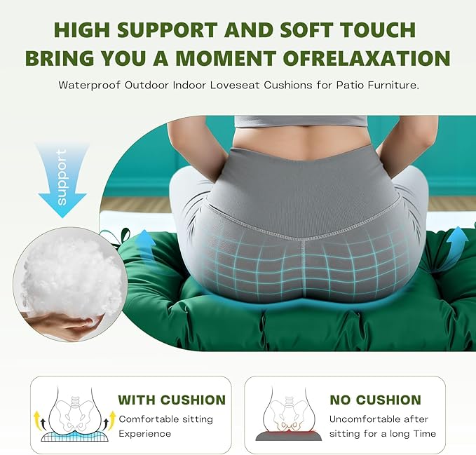 Wicker Chair Cushions Set, 2 U-Shaped Cushions & 1 Loveseat, Waterproof Outdoor Loveseat Cushion for Patio Furniture, Settee Bench Pad All Weather,Green