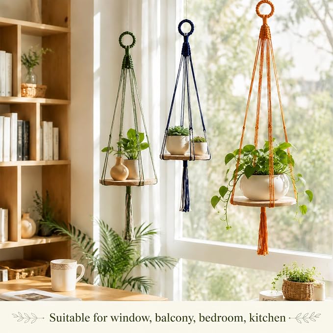 Artilady 3 Pack Hanging Planter with Wood Shelf, Macrame Plant Hanger for Indoor Boho Plants Basket Holder for Window Balcony Kitchen