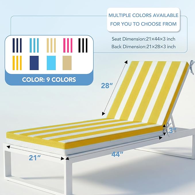 L'AGRATY Outdoor Lounge Chaise Cushion: 72x21x3 Inch Waterproof Lounge Chair Cushion for Outdoor Furniture with Fade Resistant Removable Cover - Patio Cushions for Pool Lawn Deck(Yellow White 2Pcs)