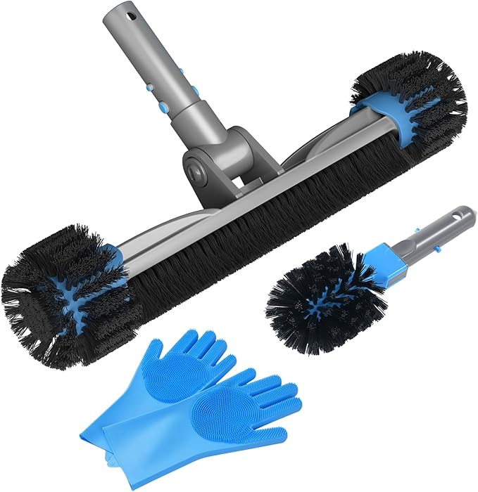 UIRWAY 3-in-1 Deluxe Swimming Pool Cleaning Kit - Includes Pool Brush Head with Detachable Side Round Ends, Small Corner Fence Brush and Gloves for Inground & Above Ground Pools Wall Cleaning(No Pole)