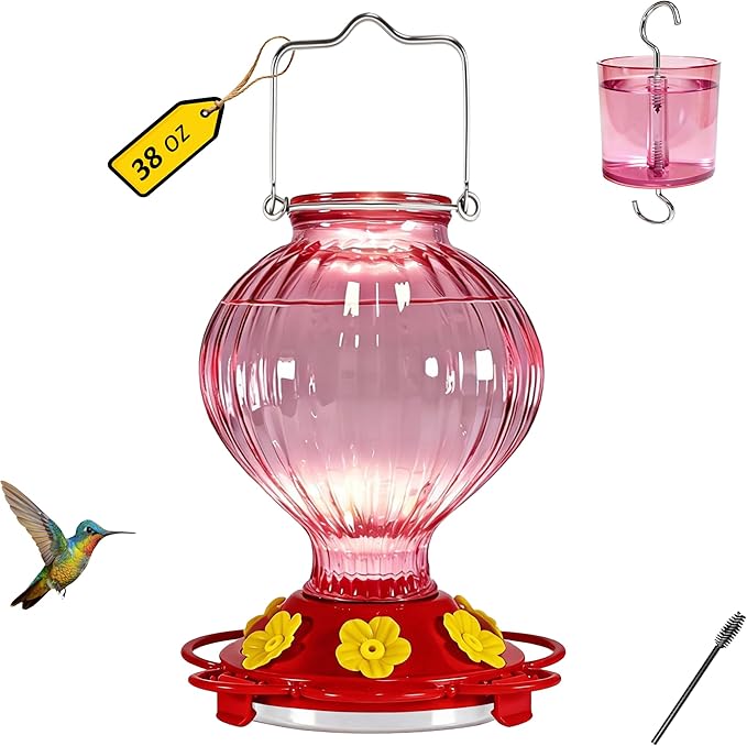 Glass Hummingbird Feeder for Outdoors Hanging, 38 oz Nectar Capacity, 6 Feeding Ports, Leak-Proof Rust-Free Plastic Base, Easy to Refill & Clean, Decorative Pink Glass Bird Feeder for Garden Patio