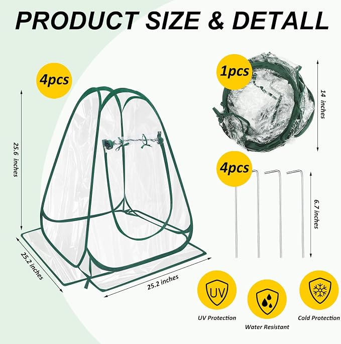 Suzile 4 Pcs Pop up Small Greenhouse for Winter Mini Greenhouse PVC Clear Easy to Install Portable Flowerpot Cover Plant Grow Tent with Nails for Indoor Outdoor Gardening, 25.2 x 25.2 x 25.6 Inches