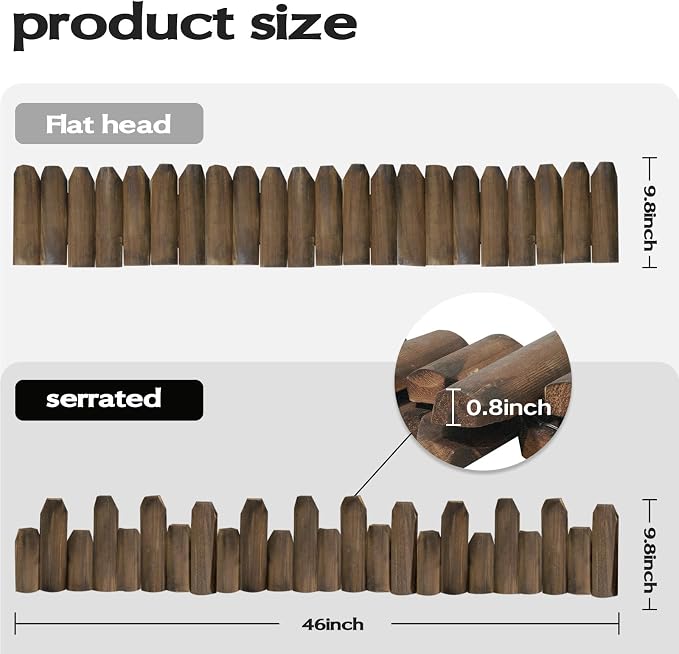 Wood Garden Edging, Staggered Wooden Fence Border Decorative Small Picket Panels and Landscape Fencing