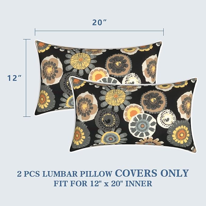 LVTXIII 2 Pack Outdoor Lumbar Pillow Covers 12x20 Inch with Piping, Water-Repellent Back Cushion Covers ONLY for Patio Furniture, Sofa, Garden Bench, Black Yellow Crosby