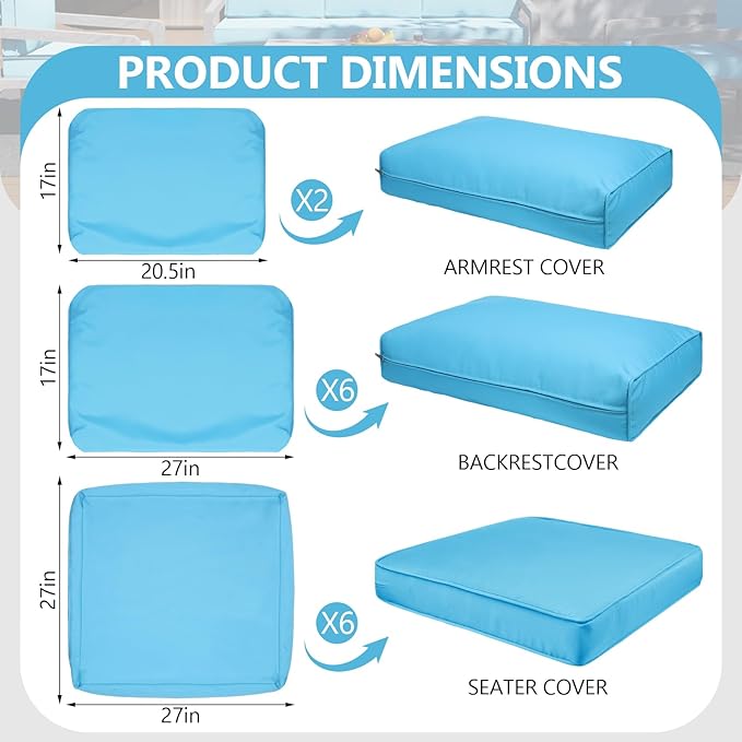 14 Piece Outdoor Patio Waterproof Cushion Covers, Fits 6-Seat Wicker Rattan Sectional Couch Chair Furniture Cover Replacement Set - Fade-Resistant Patio Cushion Covers with Zipper