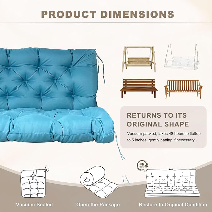 Porch Swing Cushion with Backrest,Waterproof Bench Cushion for Outdoor Furniture,2-3 Seater Replacement Thickened Swing Cushion with Ties,Patio,Outdoor,Backyard and Garden (SkyBlue,60x40)