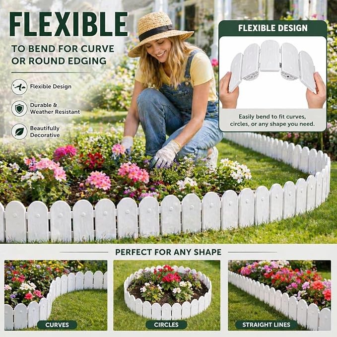 Evelyne Garden Border Edging: Wooden Fence Design - 8pcs White Yard Landscaping Fence Liner Lawn Edge Barrier - 10ft Kit of Decorative Lawn Landscape Panels Elements -Landscaping Edging-GMT-10374-D08