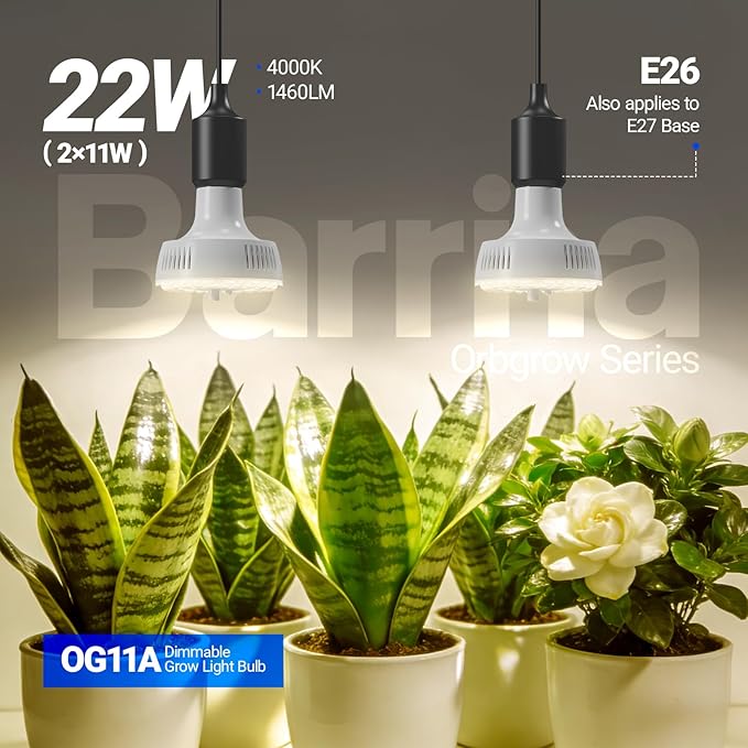 Barrina Orbgrow OG11A Grow Light Bulbs for Indoor Plants, Integrated Dimming & Timing, 4000K 22W(2 x 11W, 200 Watt Equiv), E26 Plant Light Bulb, Full Spectrum for Seeds and Greens, 2 Packs, White