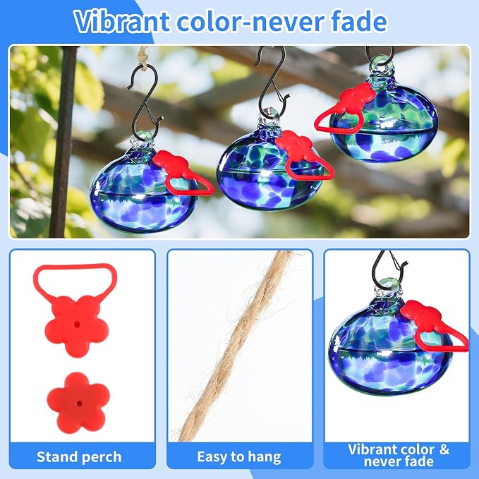 Pozfun Small Hummingbird Feeders for Outdoors Hanging,Hand-Blown Glass Hummingbird Feeder with Silicone Feeding Perch,Never Leak,Gardening Gifts for Woman Man