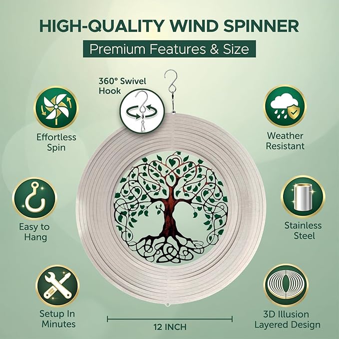 ISEO Tree of Life Wind Spinner for Yard and Garden, Hanging Outdoor Decor, Yard Art, Porch and Patio Decorations, Metal Wind Spinners Outdoor, Weather Resistant, 12”