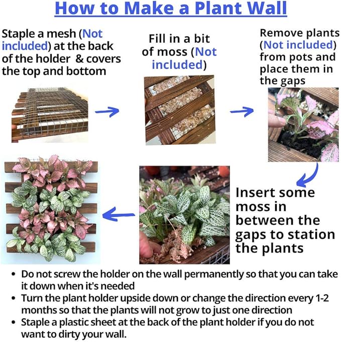 ShopLaLa Bundle- 2 Pack, 11.4 Inch Wooden Plant Holder + 10 Pack, 4 Inch Self Watering Plastic Pot Hanging Vertical Wall Mount Hydroponic Garden Indoor Frame Display Live Air Plants Orchids Decoration