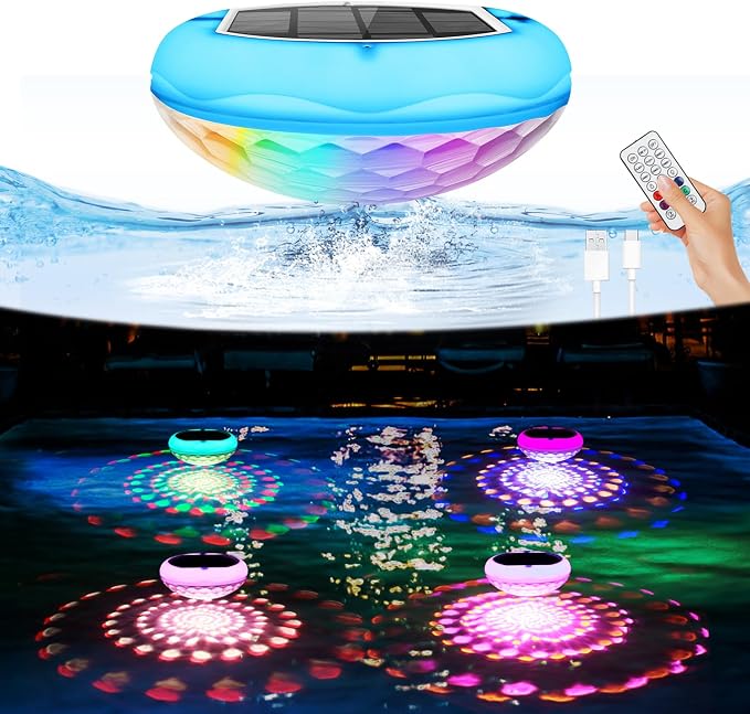 QOLNBY Solar Pool Lights(4 PCS), USB Rechargeable Floating Pool Lights, 6.69 Inch IP68 Waterproof 2600mAh Pool Lights 6 Dynamic Modes with Remote Upper and Lower Glow Hangable for Backyard Pond