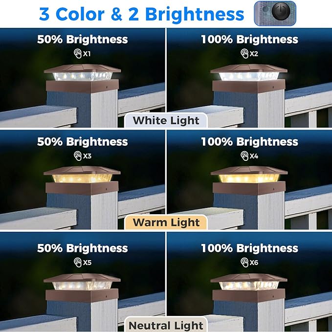 Peasur 6 Packs 4x4 Post Solar Lights with 3 Modes, Waterproof LED Solar Cap Lights for 4×4/3.5×3.5 Wood/Vinyl Posts, Brown Post Top Lighting Outdoor for Fence Deck Mailbox Porch Railing