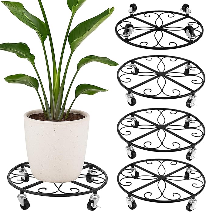 4 Pack Plant Caddy with Wheels 16 Inch Rolling Plant Stand for Large Plants Heavy Duty Plant Rollers Metal Plant Dolly Rustproof Planter Stand Wrought Iron Plant Stands Flower Cart Indoor Outdoor