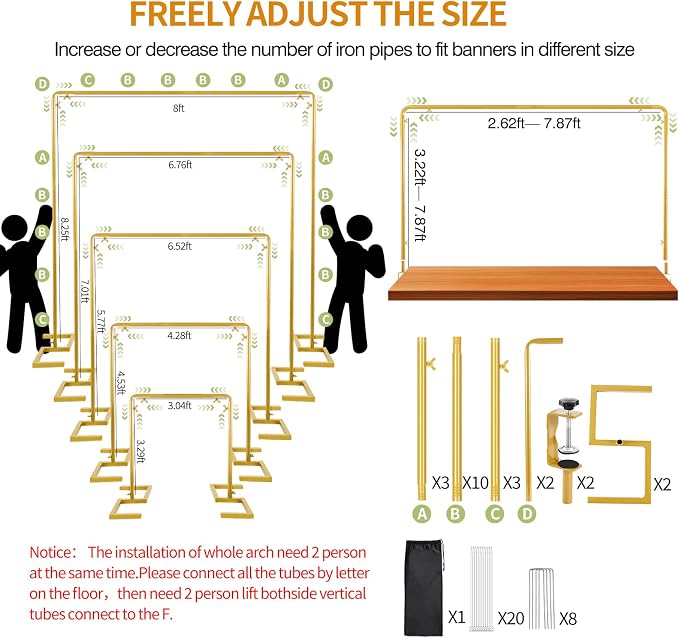 8.2FT Square Arch Backdrop Stand,Metal Gold Backdrop Stand Heavy Duty Adjustable,Extra 2 Clamps Change Over The Table Rod Stand,Wedding Balloon Arch Stand for Valentine Parties Decoration