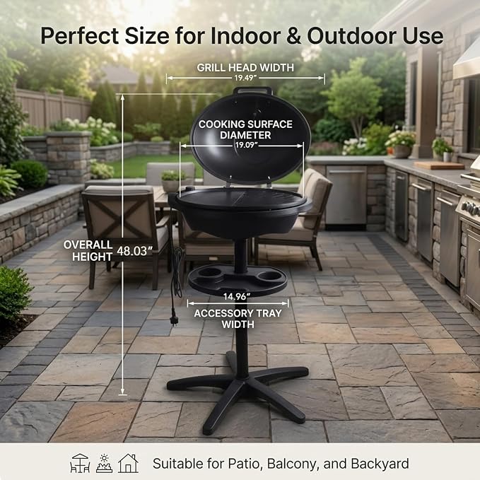 Artestia 1800W Electric Grill, Indoor Outdoor BBQ Grill with Stand, Adjustable Temperature Control, Portable Tabletop Grill for Patio, Balcony & Backyard