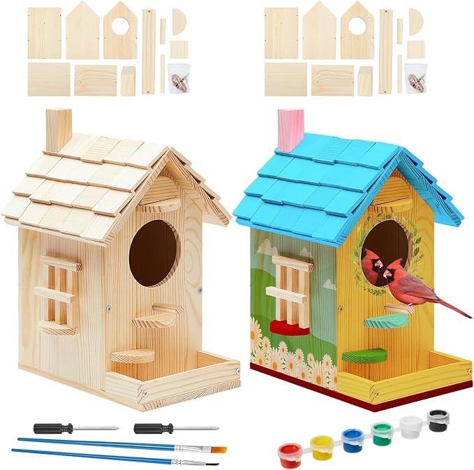 Liliful 2 Pack Wooden Bird House Kits, Build It Yourself Woodworking Kit for Adult Kids 4-8, 8-12 with Paint and Paintbrushes, Solid Weather Proof Natural Pine Wood, Pre Drilled (Modern Style)