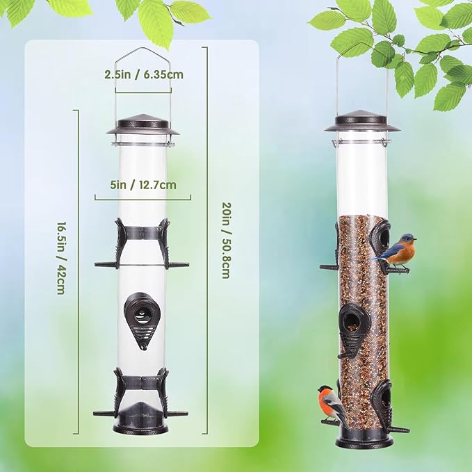 MIXXIDEA Metal Wild Bird Feeders, Squirrel Proof, Hanging 6 Port Tube Transparent Finch Feeders for Attracting Birds in Your Lawn, Garden, Balcony Coffee
