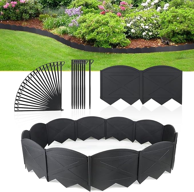 Vashly No-Dig 20ft Landscape Edging, 6 inch Tall Garden Edging Border with 20 Pcs Stakes 7.8 Inch, 20 Pcs Garden Edging Flexible for Garden Flower Beds Lawn Yard Pathway