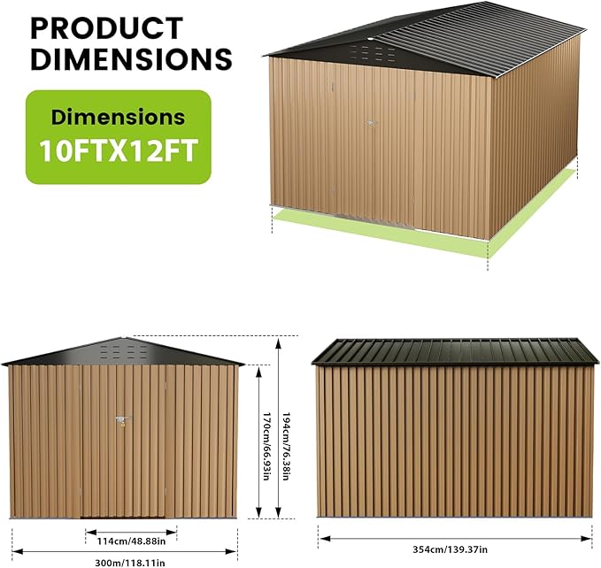 10x12 Ft Outdoor Metal Storage Shed, Galvanized Steel Garden Sheds with Lockable Doors, Extra Large Utility and Tool Storage for Patio Lawn Backyard Outside Use, Brown