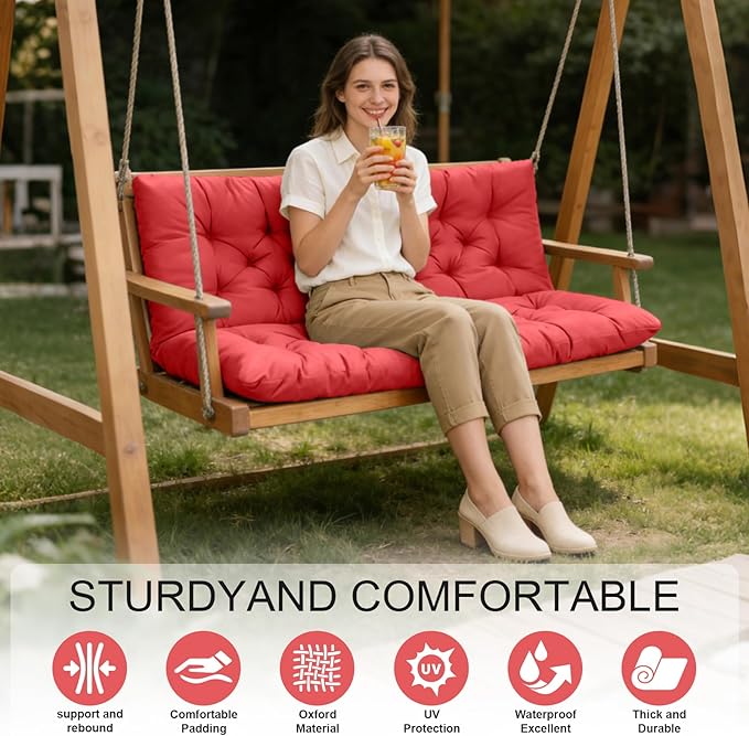 Porch Swing Cushions, Outdoor Swing Replacement Cushions 3 Seater with Backrest, Waterproof Bench Cushion with Ties,for Patio,Porch, Garden,Backyard