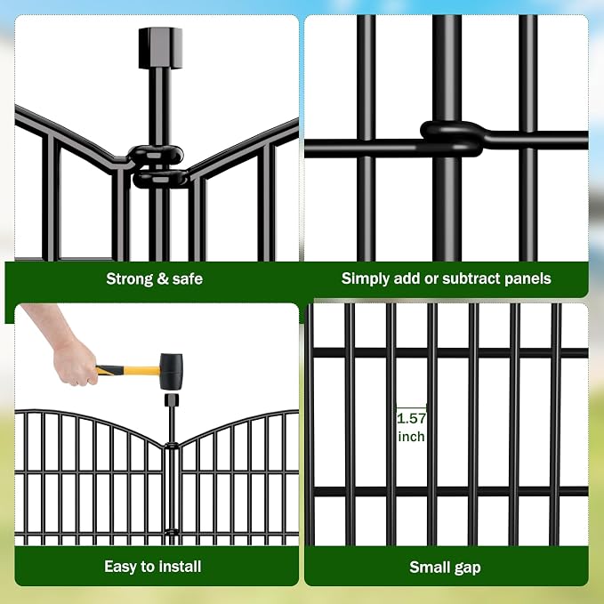No Dig Decorative Garden Fence 5 Panels with Gate, 48 in (H) x 13 ft (L), Dog Fence Outdoor for Yard，Rustproof Metal Animal Barrier Ground Stakes Fencing for Garden, Patio, Flower Bed