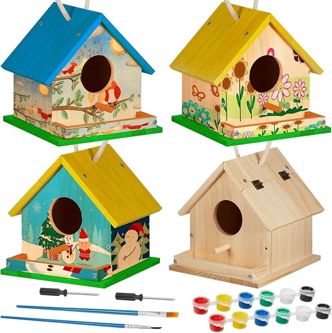Liliful 16 Sets Wooden DIY Birdhouse Kit, Unfinished Bird Houses with Paints and Paintbrushes, Bird Feeder Craft Arts for Kids Ages 4-8, 8-12, Classroom Activity and Adults Wooden Craft Gifts