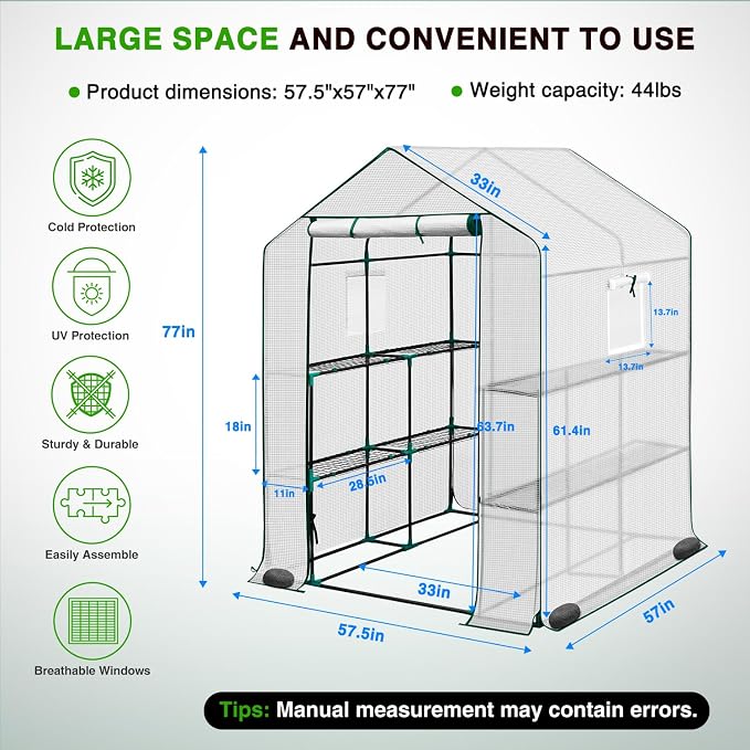 Yesker Greenhouse 57.5"x57"x77" Walk in Green House - Large Outdoor/Indoor Greenhouses with 8 Shelves Waterproof PE Cover & Windows, Portable Greenhouse Kit for Winter Backyard Gardening Patio, White