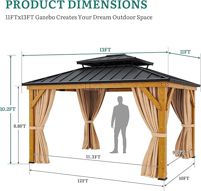 YITAHOME 11X13FT Wood Outdoor Gazebo Wooden Hardtop Gazebo Double Roof Hardtop Galvanized Steel Top Canopy w/Curtain and Netting, Patio Heavy Duty for Deck, Backyard, Golden