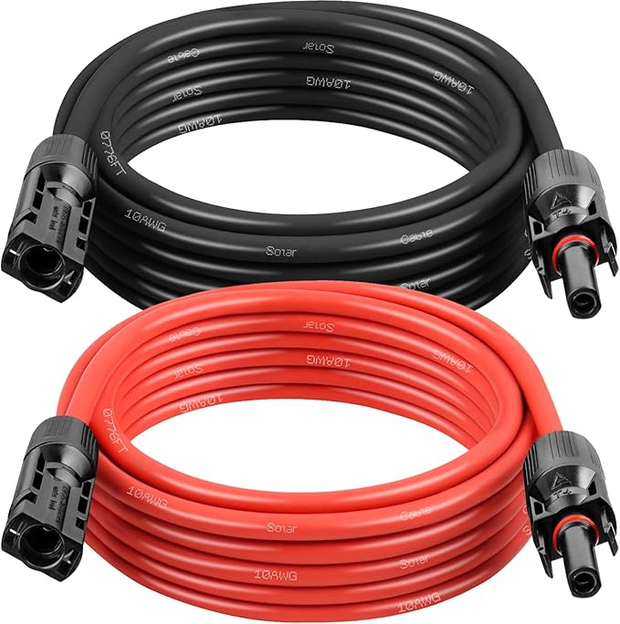 MOOKEERF Solar Panel Extension Cable - 10AWG 10FT Solar Wire with Female & Male Waterproof Connector PV Wire for RV, Photovoltaic Systems, Home, Boat, Solar Panels, Car(10 feet Red + 10 feet Black)
