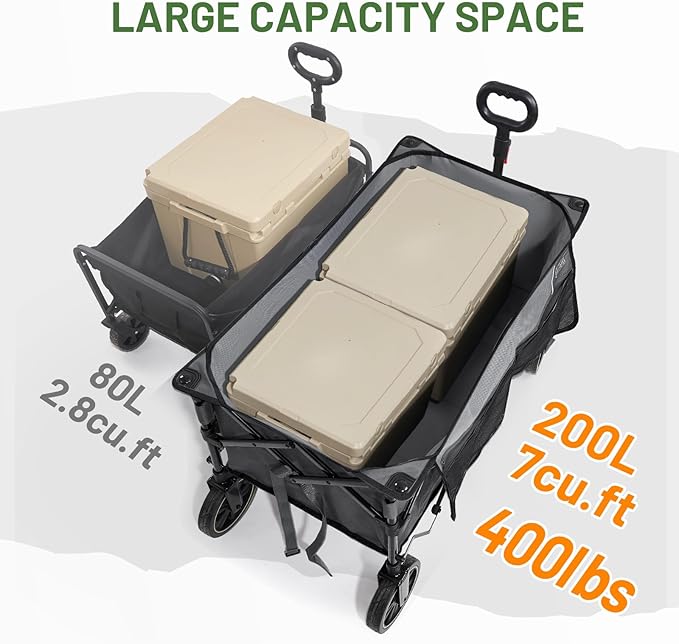 Timber Ridge Collapsible Wagon Cart with Brakes, 400lbs Heavy Duty Large Capacity Compact Portable Folding Wagon, Utility Grocery Cart for Camping, Gardening, Shopping-Grey