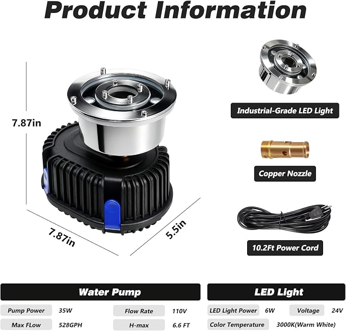 Pond Fountain Pump with LED Light for Outdoor Water Garden, 528GPH Submersible Pump Fountain Light Kits (Warm White) for Water Feature Koi Pond