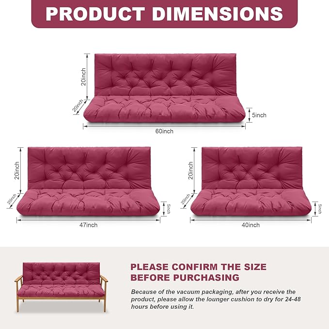 Porch Swing Cushions,Outdoor Cushions 3 Seater Replacement with Backrest, Waterproof Thickened Bench Cushion with Ties for Porch, Patio,Outdoor, Backyard and Garden (Wine Red 40 * 40 in)