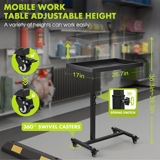 OLBRUS Adjustable Work Table with Wheels, Mechanic Rolling Tool Tray Table for Garage Repair Shops DIY, 220LBS Capacity Mobile Heavy Duty Steel Tool Cart (Black)