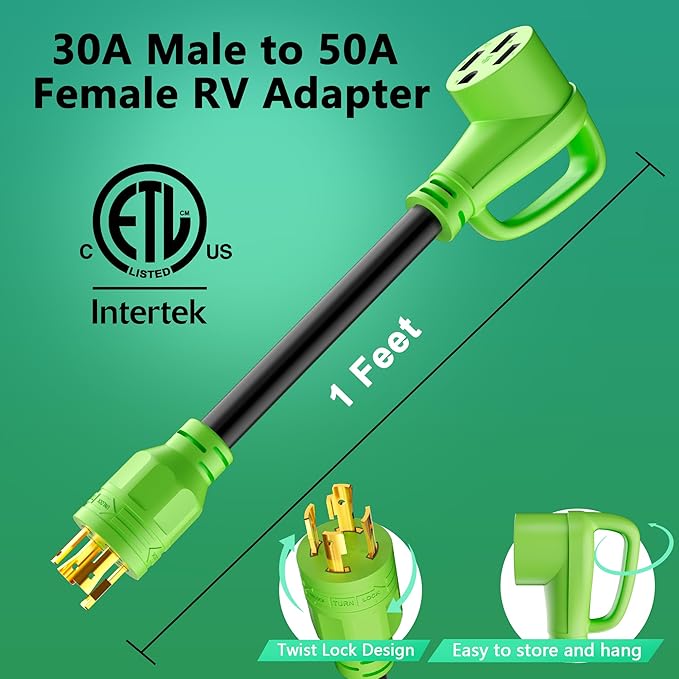 4 Prong 30 Amp to 50 Amp Generator to RV/EV Adapter Cord, NEMA L14-30P Twist Lock Male Plug to NEMA 14-50R Female Receptacle with Handle, STW, 10AWG, Adapter for RV and EV Level 2 Charging, 1FT, Green