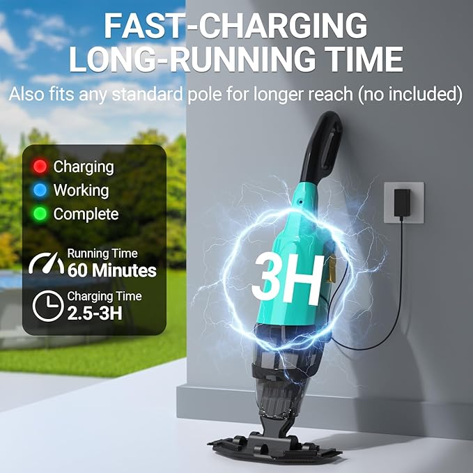 Cordless Handheld Pool Vacuum for Above Ground Pools, 18GPM IPX8 60Mins Above Ground Pool Vacuum W/4-Section Pole for Leaves Sand Debris & Step Corner Wall, Pool Vacuum for Inground Pools Hot Tub Spa