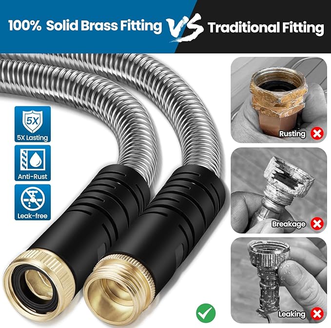 Metal Garden Hose 100FT, Stainless Steel Water Hose with 10 Function Nozzle, Solid Brass Fittings, Lightweight, Kink-Free & Dog Chew Proof for Lawn, Yard, RV, Car Wash, 550PSI