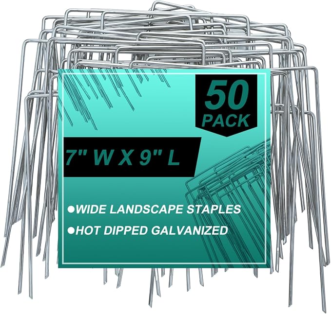 Wonderjune 50 Pack Heavy Duty Wide Landscape Staples, 7 Gauge Galvanized Steel Turf Stakes Garden Stakes Bulk, U Type Anchor for Grass, Securing Weed Barrier Fabric, Pipes, Sod (9"x7")
